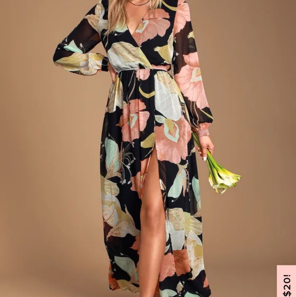 Water Lilies Black Floral Print Maxi Dress